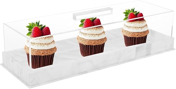Acrylic Rectangular Cake Tray, Rectangle Cake Stand with Clear Cover Lid, Reusable Dessert Holder Tray, Afternoon Tea Serving Stand for Party Home Kitchen Wedding, 35.5×12.7x9cm(white)