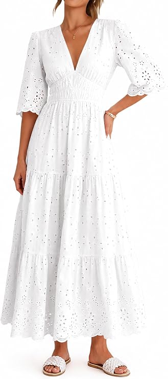 Lazysmile Women's Summer Hollow Out Eyelet Boho Maxi Wedding Guest Dresses