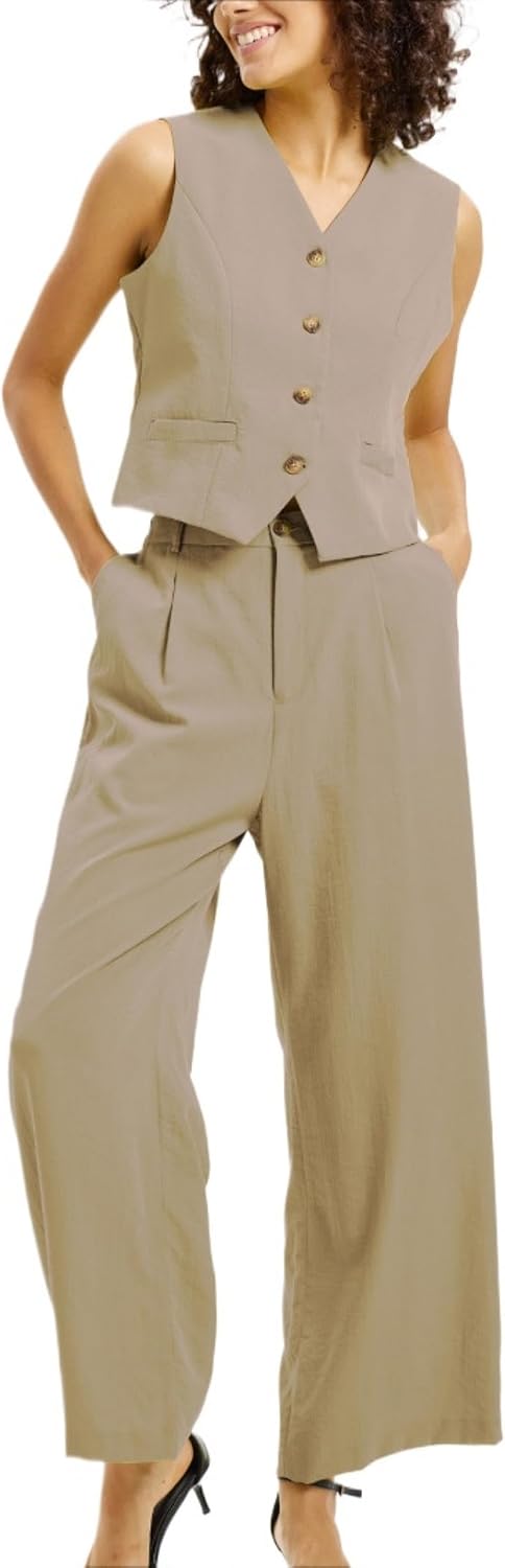 Womens 2 Piece Outfits Sleeveless Suit Vest and Wide Leg Pants Casual Business Office Sets