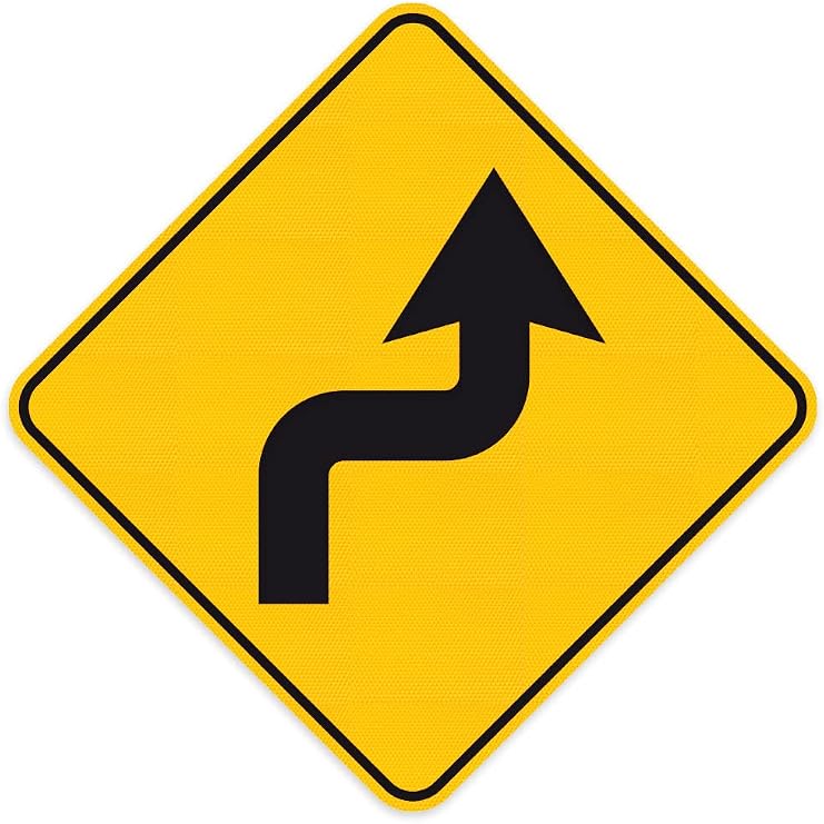 Reverse Turn Right (W1-3R) horizontal alignment traffic warning sign. Yellow Diamond Grade Cubed (DG3) Reflective Sheeting. 0.375 (3/8) standard mounting holes. 30" x 30" diamond shape.