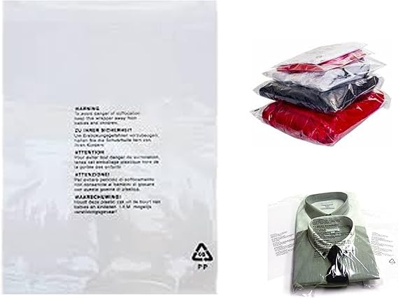 Clear Transparent Peel And Seal Garment Plastic Bags Self Seal Garment Clothing Retail Packaging Bags With Safety Warning On Back In 6 Sizes And Pack Of (1, 50, 100, 200, 500, 1000, 2000)