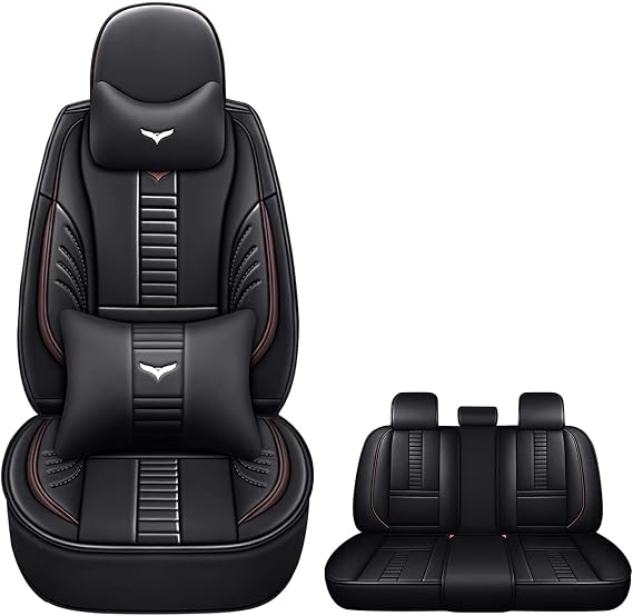 Full Set of Universal Fit Automotive Seat Covers fit for Nissan Titan 2009-2025, PU Leather Automobile Interior Sets with Headrest & Back Pillow Black & Coffee Line
