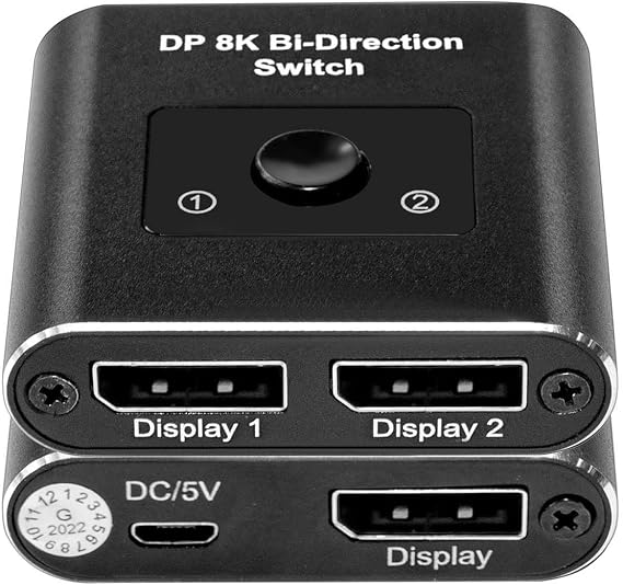 DisplayPort Switch 2 in 1 Out, 1 in 2 Out, Bi-Directional Switch with One-Button Switching, Displayport Splitter Supports 8K@30Hz, 4K@120Hz, 1080p@240Hz, High-Speed 32.4Gbps