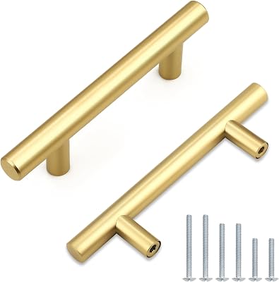 Knobonly 30 Pack Brushed Gold Modern Cabinet Pulls, 3 Inch Hole Center Kitchen Cabinet Handles, Brushed Brass