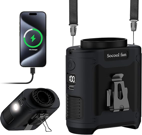 Socool 10000mAh Portable Waist Fan Clip on Wearable Belt Personal Fan Rechargeable Battery operated With 5 Speeds & Flashlight Neck Hands-Free 40H Cooling For Outdoor Camping Travel (Black)