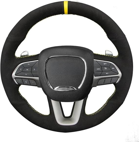Black Suede Car Steering Wheel Cover Hand-Stitched, for Dodge Challenger Charger 2015-2021 Durango 2018-2021, Blue line