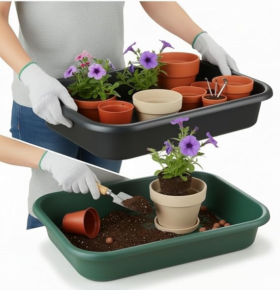 RooTrimmer 2 Pack Plant Repotting Tray Multifunctional Heavy-Duty Large Capacity Gardening Tool for Seeding, Pot Moving, Soil Mixing, Hydroponic/Soil Cultivation, Transplanting,Black & Green
