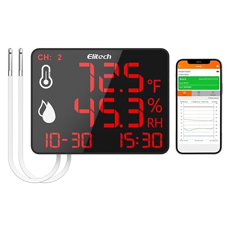 Elitech Bluetooth Thermometer Industrial Large Display Temperature and Humidity Meter Data Logger with External Sensors Real-time Monitoring for Warehouse Laboratory Home Greenhouse DR-230-THDE