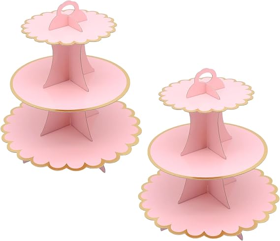 2 Pack 3-Tier Cardboard Cupcake Stand, Cake Stands for Afternoon Tea, Round Cupcake & Dessert Display Tower for Birthday, Wedding, Mother's Day, Baby Shower (Rose)