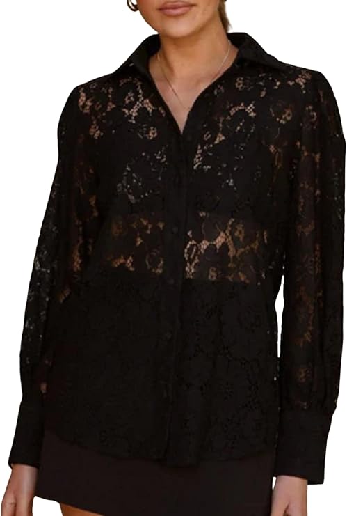 Women Long Sleeve Floral Lace Blouse Button Down Sheer Collared Shirt Embroidered Mesh Going Out Blouse Top