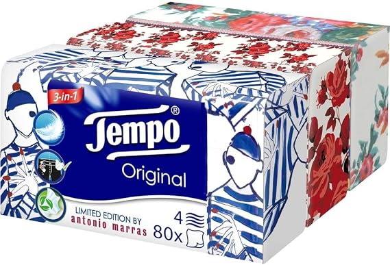 Tempo Paper Tissues Box, 12 Boxes of 80 Disposable Tissues, 4-Ply, Limited Edition Seletti Box, 4 Assorted Graphics, Recyclable Pack of Natural Origin