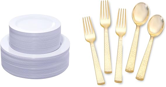 KIRE 120PCS White Plastic Plates 400PCS Gold Plastic Spoons and Forks Disposable