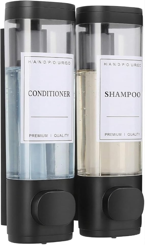 Shampoo and Conditioner Dispenser,Shower Dispenser 2 Chamber No Drill Shampoo for Shower Wall Mounted Soap Dispenser Body Wash for Bathroom Hotel Kitchen,2 * 300ML,Black