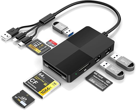 Memory Stick Pro Duo Card Reader, 8-in-1 Memory Card Reader for SD/TF/MS/CF/XD Cards, with 3 USB 2.0 Ports, iPhone/USB-C/USB-A Adapter for Phone, Tablet, Laptop and Computer