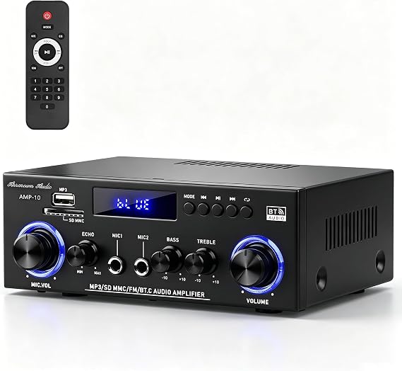 AMP-10 Bluetooth Audio Amplifiers 2.0CH 50WX2 RMS Stereo Amp Receivers | Mini Power Amplifier for Home Speaker Max.600W Output w/FM Radio, Echo, MIC, USB, SD Input for Home,Car Audio