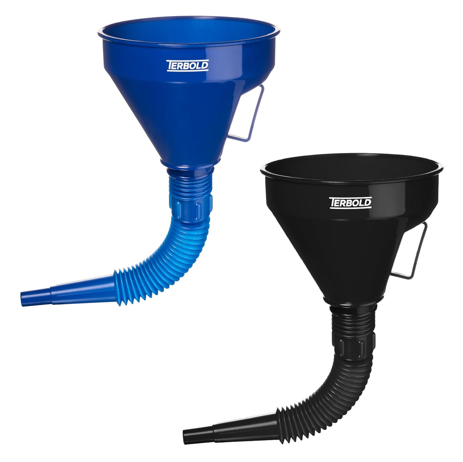 Automotive Flex Funnel with Hose & Mesh Filter (2-Pack) – Wide Mouth Oil Funnel for Gas & Transmission Fluid – Color Coded Flexible Set for Garage & Emergency Kit (Black & Blue)
