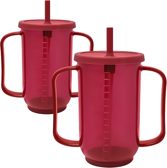 2PCS Adult Sippy Cups for Elderly, 12oz Spill Proof Cup with 2 Handles Plastic Elderly Sippy Cup with Straw and Lid, Suitable for for Seniors and Adults, Great for Water, Milk, and Soup