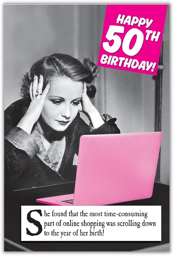 Emotional Rescue Funny 50th Birthday Card For Her, Age 50 Humorous Birthday Card for Woman Friend,#34;She Found That the Most Time-Consuming Part of Online Shopping…" Black, White & Pink