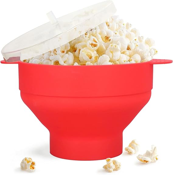 Microwave Popcorn Popper Machine, Silicone Popcorn Maker, Silicone Microwave Popcorn Popper with Handle, Foldable Microwave Popcorn Maker Bowl for Home Kitchen Red