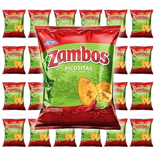 Zambos Plantain Chips: Spicy with Chili,Lime and Salt Tajaditas de Platano con Chile  Limon y Sal Crunchy with spicy taste that many like | Salvajes del Tropico | 5.46 ounces 155grams 24 pack