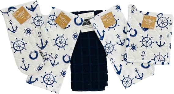 Nautical Coastal Cotton Kitchen Pot Holder Towel Set, Anchor Captains Wheel