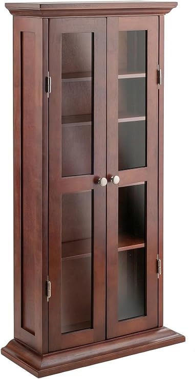 Ergode Walnut Tall Storage Cabinet with Glass Doors | Adjustable Shelves | Compact Media & Display Cabinet for DVDs, CDs, Books