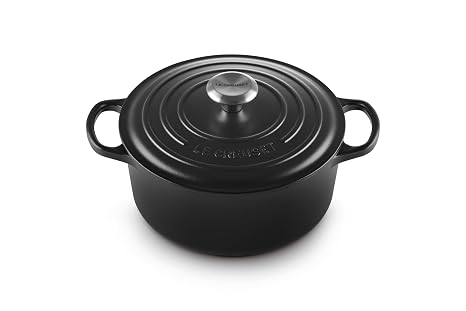 LE CREUSET Signature Enamelled Cast Iron Round Casserole Dish With Lid, 24 cm, 4.2 Litres, Matte Black, 21177240002430 | Includes tight-fitting lid to retain moisture and large handles for a safe grip from stovetop to commercial oven.