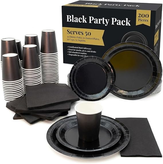 Serves 50 Complete Party Pack Disposable 9" Dinner Paper Plates 7" Dessert Paper Plates 9 oz Cups 3 Ply Napkins office parties, Birthday parties, festivals and much more (Black)
