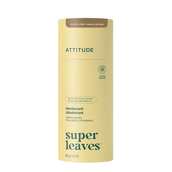 ATTITUDE Plastic-Free Deodorant, EWG Verified, Aluminum Free, Vegan Naturally Sourced Body Deodorants for Women & Men, Dermatologically Tested, Lemon Leaves, 3 Ounces
