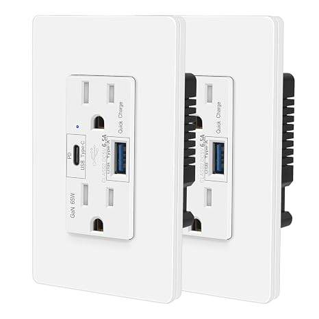 GaN 65W USB C Fast Charging,15A Tamper Resistant High Speed Charging Wall Receptacle for Laptop,NineLeaf Type C Supports PD 3.0 & PPS, Type A Supports Quick Charger 3.0, UL Listed, White,2PK
