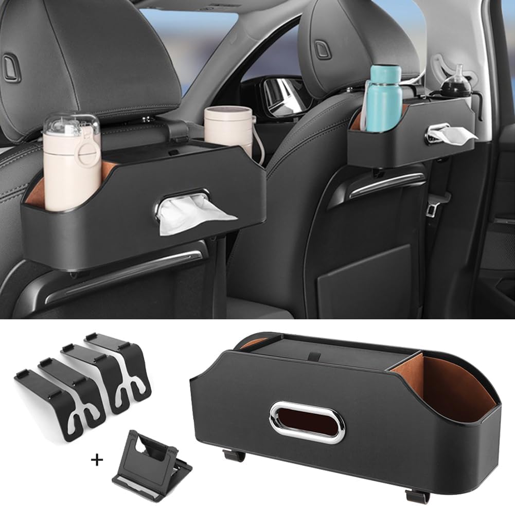 Car Back Seat Organizer with 2 Drink Cup Holder,Leather Car Organizer Backseat,Tissue Box and Storage Box Hook,Headrest Hooks,Phone Stand Holder,Multi-functional Storage,Car Travel Accessories Black