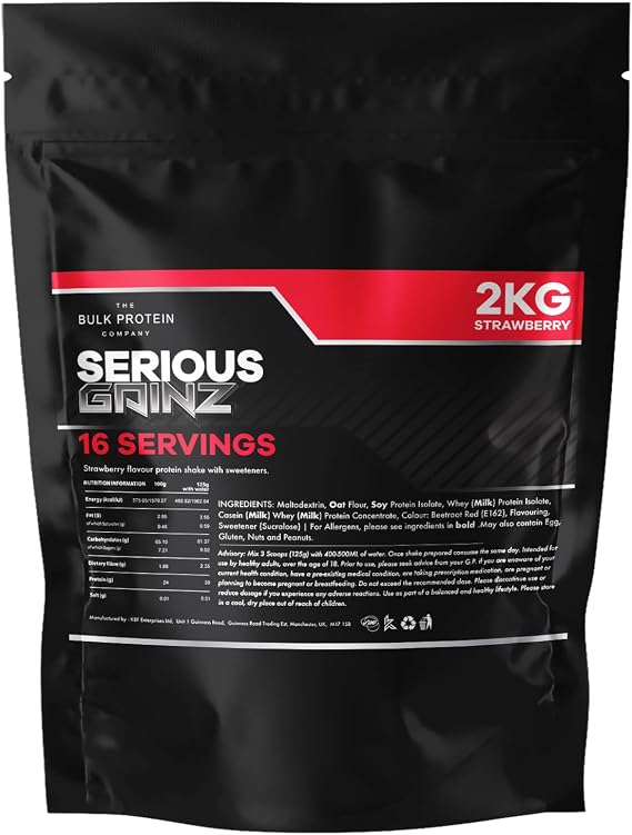 SERIOUS Gainz 2kg - Whey Protein Powder - Weight Gain, Mass Gainer - 30g Protein Powders - The Bulk Protein Company (Strawberry, 2kg)