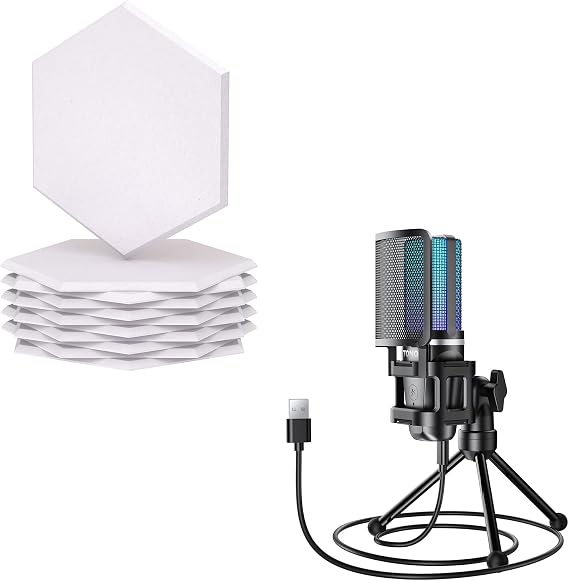 TONOR Gaming USB Microphone for PC TC777 Pro, Bundle with 12 Pack Hexagon Acoustic Panels White