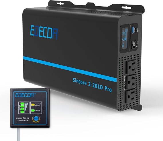 EDECOA 2000W Pure Sine Wave Power DC 12V to AC 110V with LCD Display, USB Port and Type-C port 2 AC Outlets Remote Controller LCD Display for RV Car Boat Household