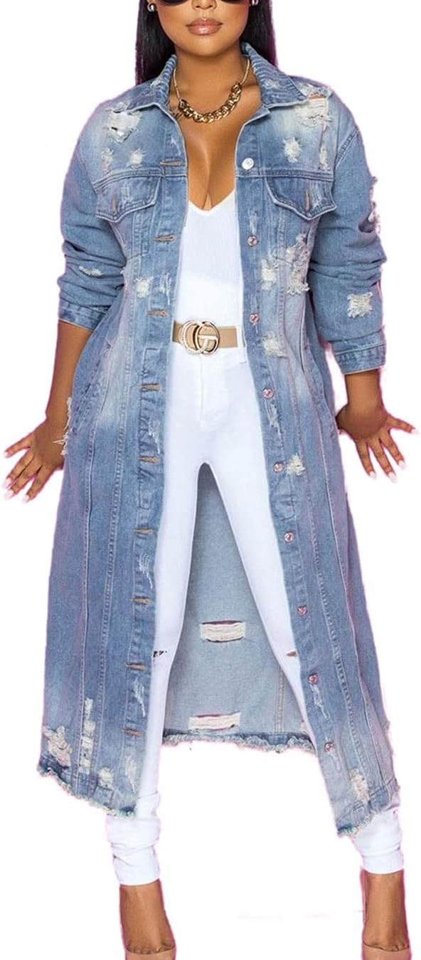 ebossy Womens Ripped Out Distressed Washed Long Blue Denim Jacket Trench Coat