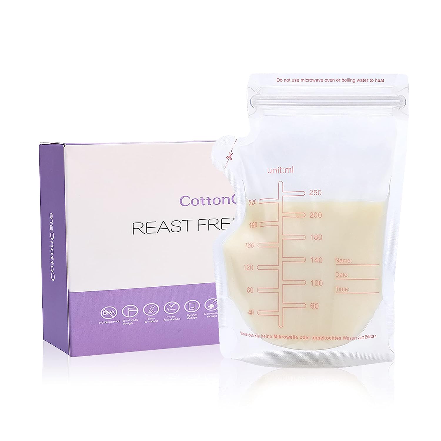 COTTONCARE Breast Milk Storage Bags, Ready to Use Breastmilk Bags,Self Standing Bag, Easy Write-on Label, Spout &amp; Thickened Design, Double Zipper Seal, Fits All adapters, 8 Ounce,60 Count