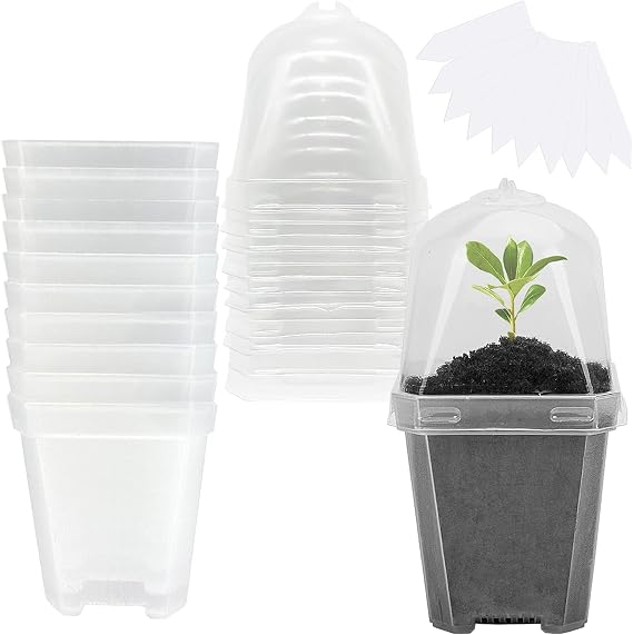 10 Pcs 3" Clear Plant Nursery Pot with Humidity Dome, Plastic Gardening Pot | Plastic Plant Container with Labels, Plastic Gardening Containers Cups for Seedlings Vegetables Succulents Cuttings
