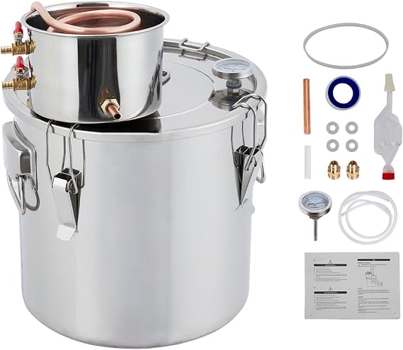 3 Gal 12L Stainless Steel Alcohol Still, Alcohol Distiller Kit with Thermometer, Ideal for Whiskey/Brandy/Essential Oil Distilling & Multi-Fuel Heating Compatibility