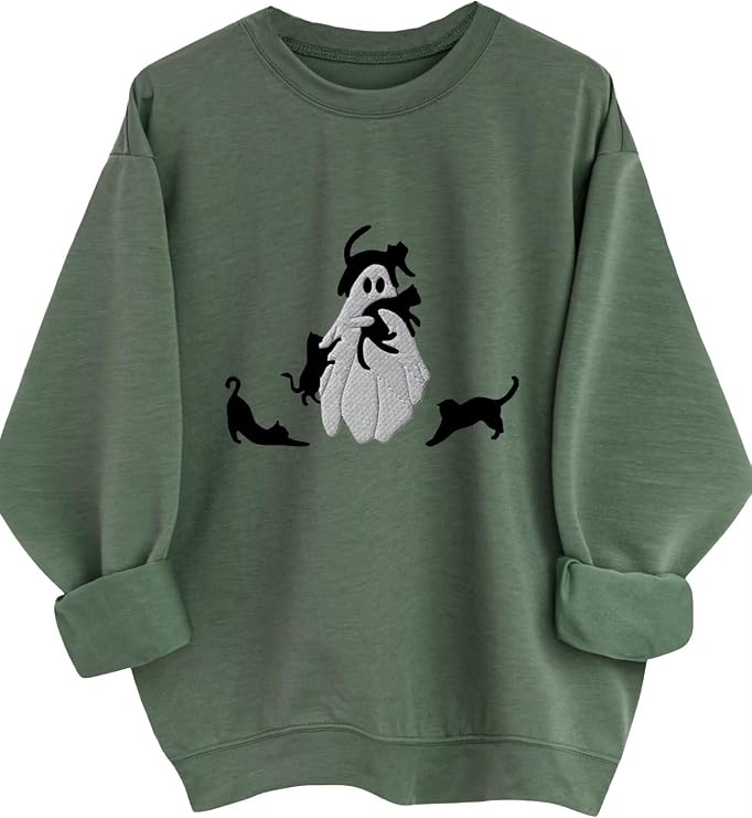 Women's Halloween Sweatshirt Cute Ghost Graphic, Long Sleeve Fall Pullover