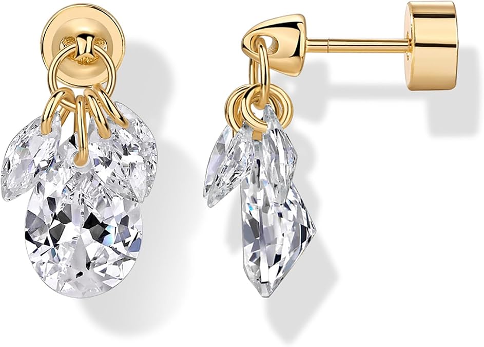 PAVOI 14K Gold Plated Dangle Flat Back Earrings for Women, CZ Stud Piercing