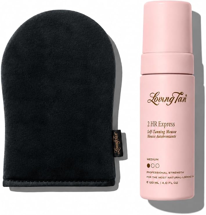 Loving Tan 2 HR Express Mousse, Medium + Mitt - Streak Free, Natural looking, Professional Strength Sunless Tanner- Up to 5 Applications per Bottle, Cruelty Free, Naturally Derived DHA - 4 FL Oz