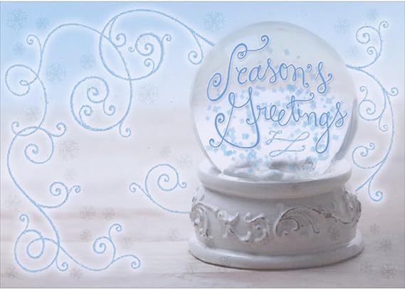 Designer Greetings Season's Greetings Snow Globe and Light Blue Glitter Swirls Box of 15 Christmas Cards