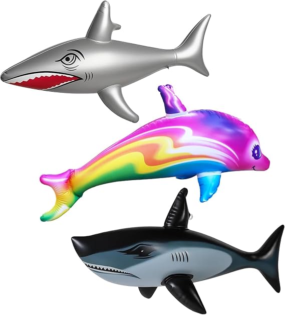 3 Pcs Inflatable Shark and Dolphin Designs Swimming Pool Toys, Foldable Pool Inflatables Swimming Toys Realistic Animal Inflatables Pools, for Pools Parties, Beach Outings and Ocean Theme Events