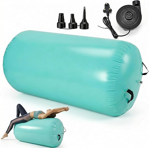 Inflatable Air Roller Gymnastics Barrel,100 x 60cm(23.6X39.4in) Gymnastics Tumbling Roller Barrel for Backhandspring, Yoga, Cheerleading Training, Home Gym Balance Equipment with Electric Pump, Green