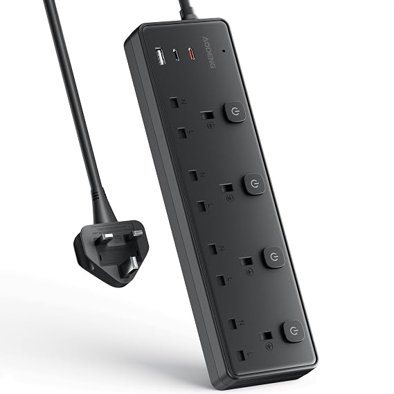 Extension Lead with 3 USB Slots(PD30W),4 Way Sockets Outlets Ports Extension Cable with 4 Individual Switches Surge Protected,Wall Mountable Extension Socket for Home,Office,School,2M,Black