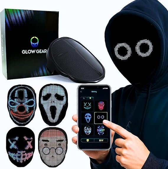 NEW Glow Gear Face Transforming LED Mask App-Controlled Light Up Cosplay Mask with 115+ Animated Faces, Customizable LED Patterns, Battery Rave, Festival, Halloween, DJ Accessory