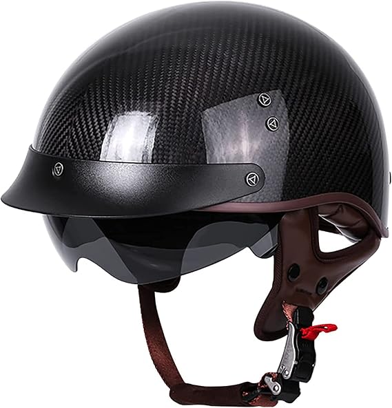 Half Helmets Retro Motorcycle Open Face Helmet Brain-Cap ECE Approval Carbon Fiber Lightweight Half Helmet Pilot Crash Chopper Summer Breathable Shovel Helmet D,L(59-60cm)