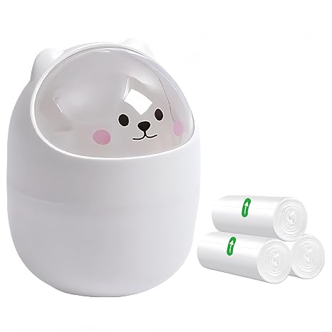 White Mini Trash Can, Creative Tiny Countertop Garbage Bin with 5 Rolls of Bin Liners, Cute Desktop Wastebasket with Flip Lid, Cartoon Plastic Storage Bin for Bedroom, Bathroom, Kitchen, Office