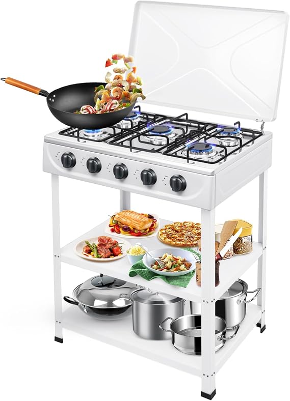 Natural Gas Stove with 5 Burners,Portable Natural Gas Stove with Support Leg Stand and Wind Blocking Cover,Stove for RV,Apartment,Outdoor Cooking (5 Burners White)