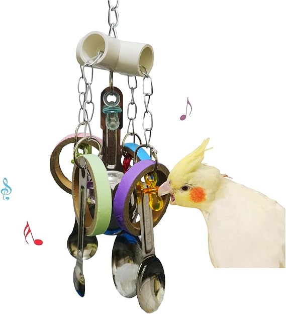 JSLZF Stainless Steel Parrot Toy Durable Scoop and Cardboard Bagel Cockatiel Spoon Ring Toy Conure Cage Hanging Toy for Lovebirds, Parakeet